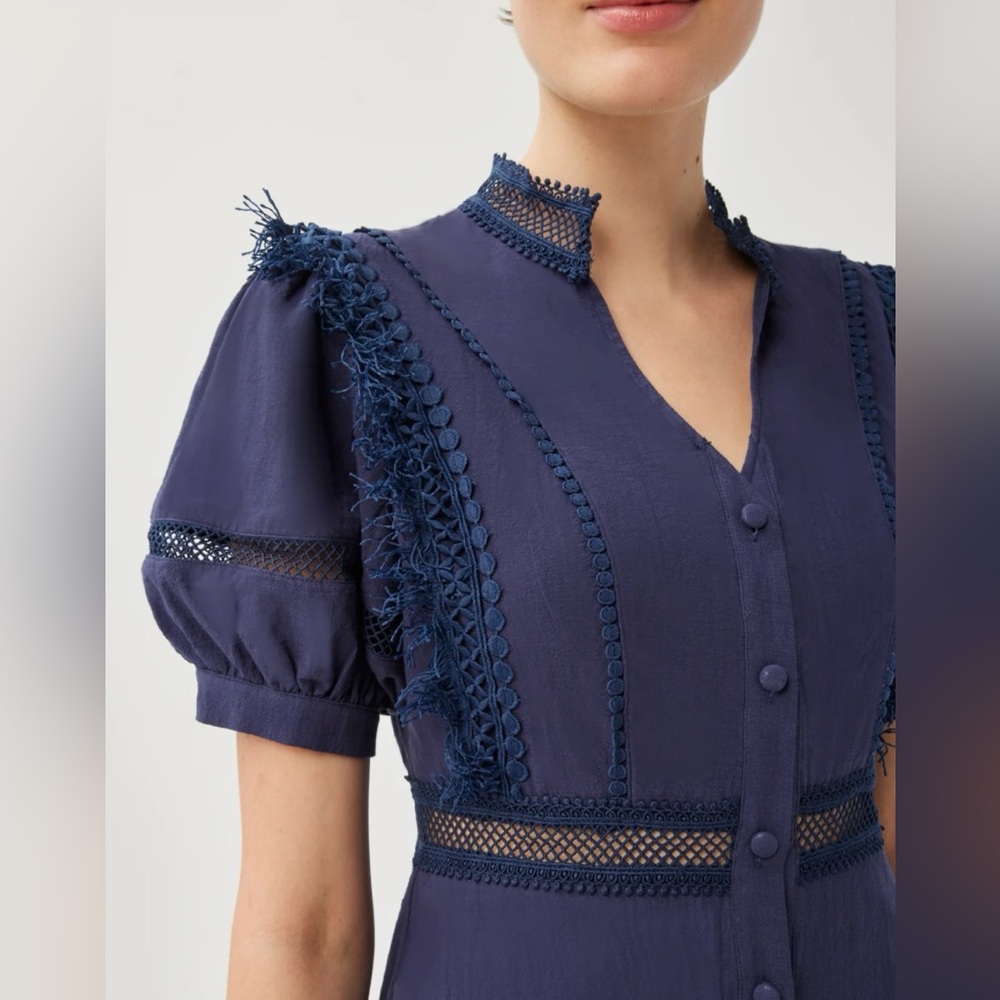 Navy Blue Lace Trim Dress - Picture 3 of 15